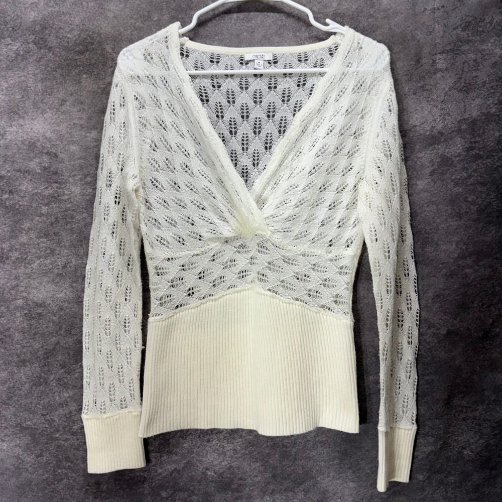 Y2K Cache Ivory Pointelle Open Knit V-Neck Faux Wrap Sweater Size M Romantic